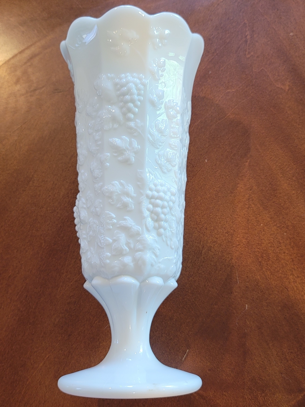 Westmoreland‎ Paneled Grape Pattern Milk Glass Footed Vase Crimped Rim 11.5 Inch
